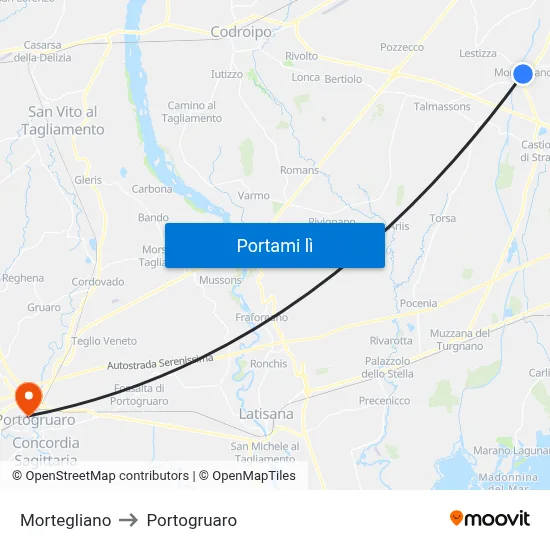 Mortegliano to Portogruaro map