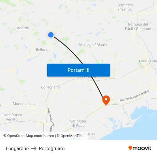 Longarone to Portogruaro map