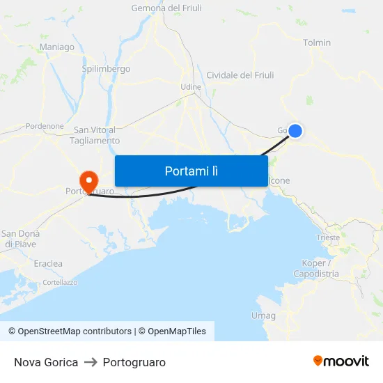 Nova Gorica to Portogruaro map