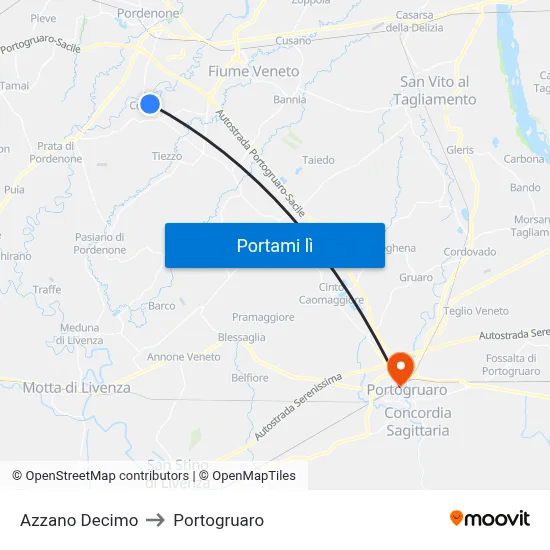 Azzano Decimo to Portogruaro map