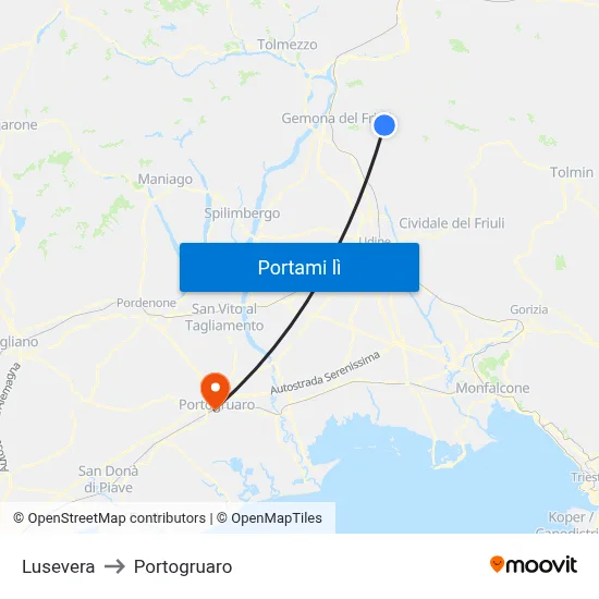 Lusevera to Portogruaro map