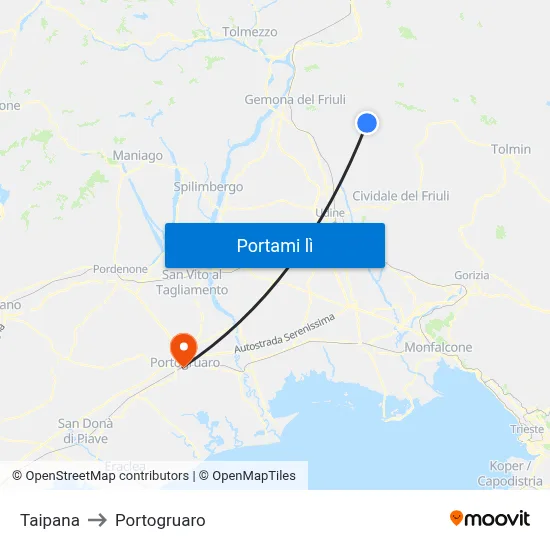 Taipana to Portogruaro map