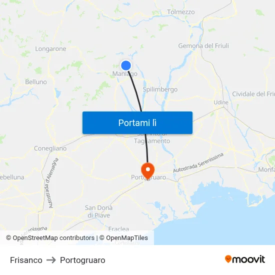 Frisanco to Portogruaro map