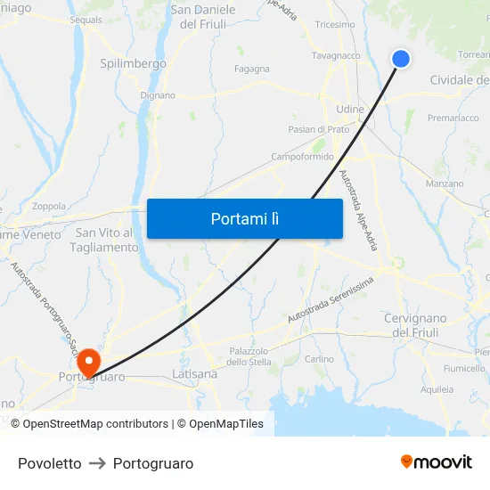 Povoletto to Portogruaro map