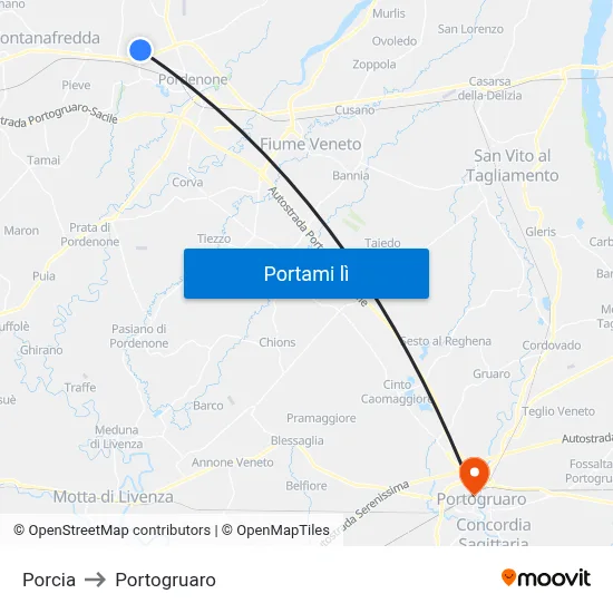 Porcia to Portogruaro map