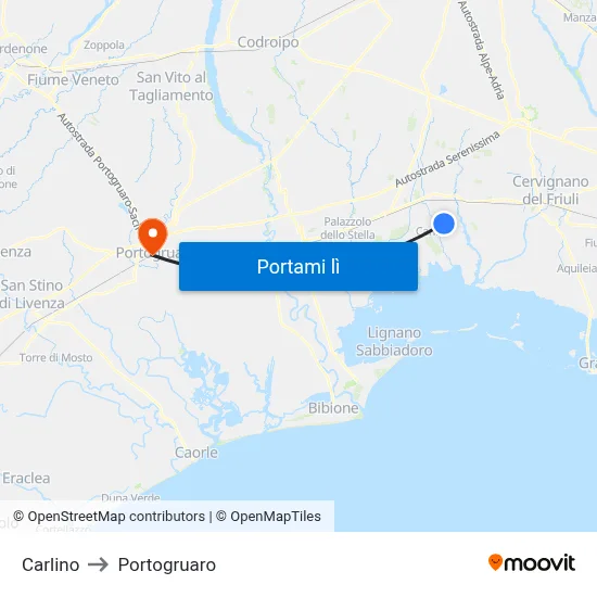Carlino to Portogruaro map
