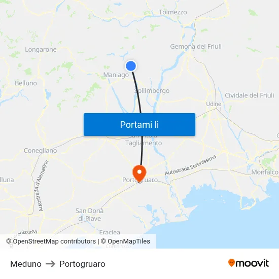 Meduno to Portogruaro map