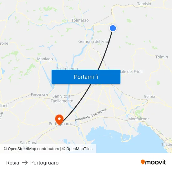 Resia to Portogruaro map