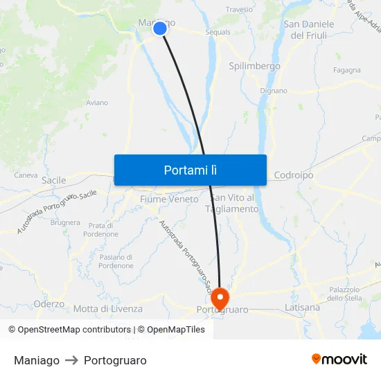 Maniago to Portogruaro map