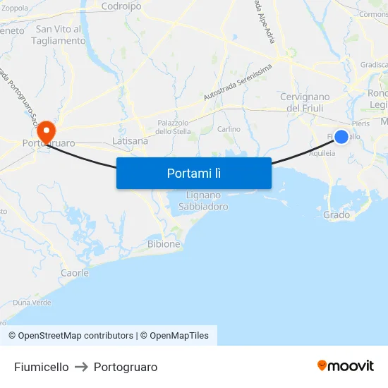 Fiumicello to Portogruaro map