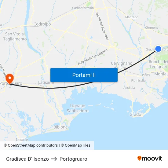 Gradisca D' Isonzo to Portogruaro map