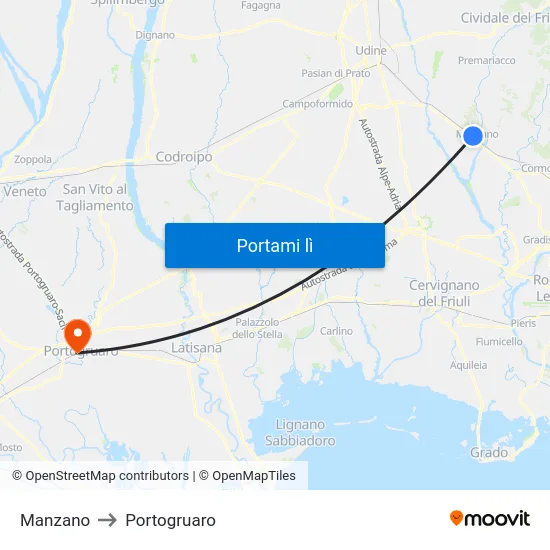 Manzano to Portogruaro map
