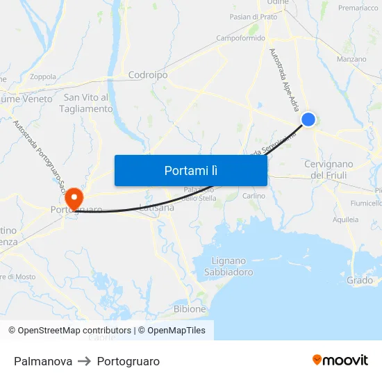 Palmanova to Portogruaro map
