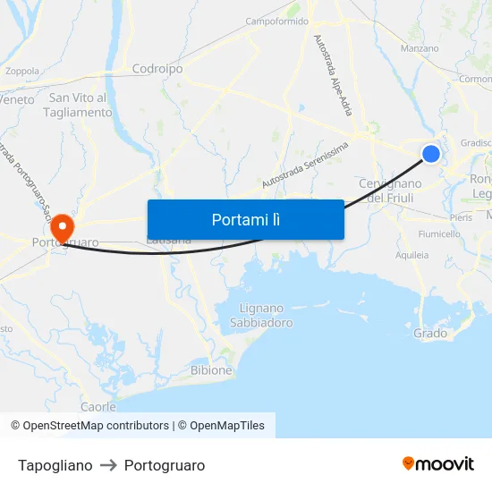 Tapogliano to Portogruaro map