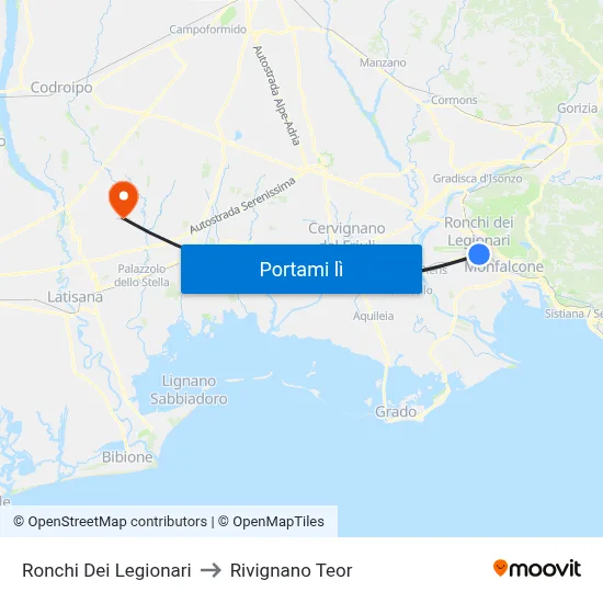 Ronchi Dei Legionari to Rivignano Teor map