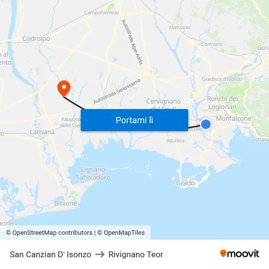 San Canzian D' Isonzo to Rivignano Teor map