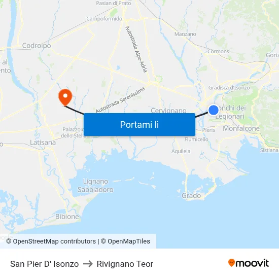 San Pier D' Isonzo to Rivignano Teor map