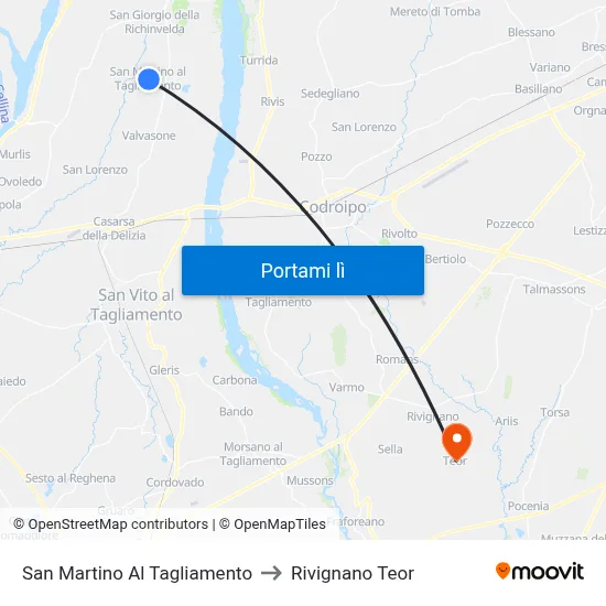 San Martino Al Tagliamento to Rivignano Teor map