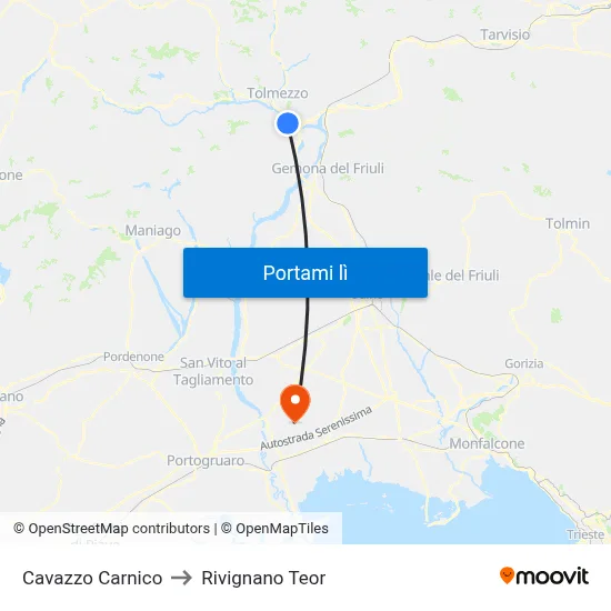 Cavazzo Carnico to Rivignano Teor map