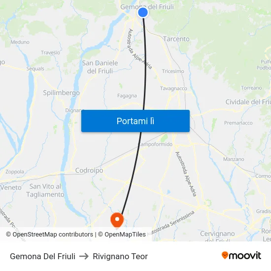 Gemona Del Friuli to Rivignano Teor map