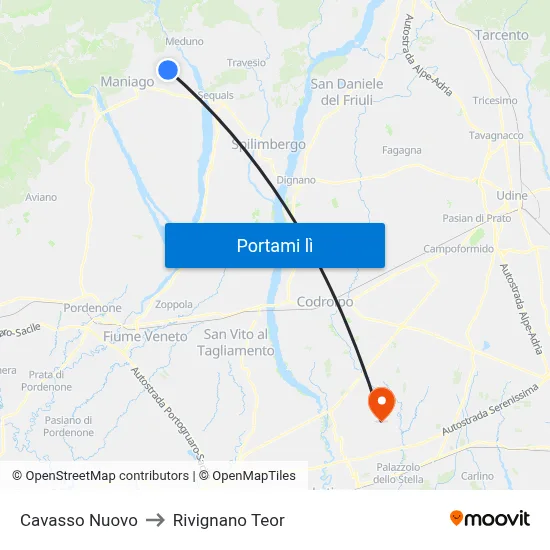 Cavasso Nuovo to Rivignano Teor map