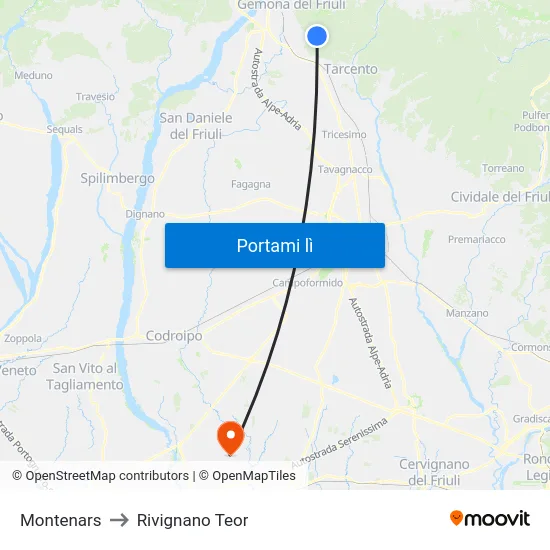 Montenars to Rivignano Teor map