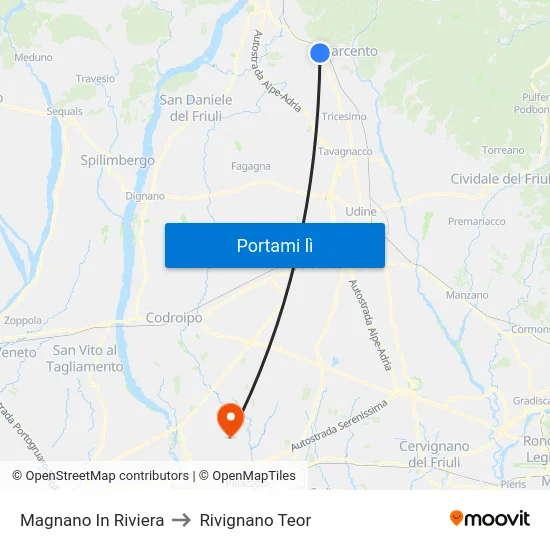 Magnano In Riviera to Rivignano Teor map