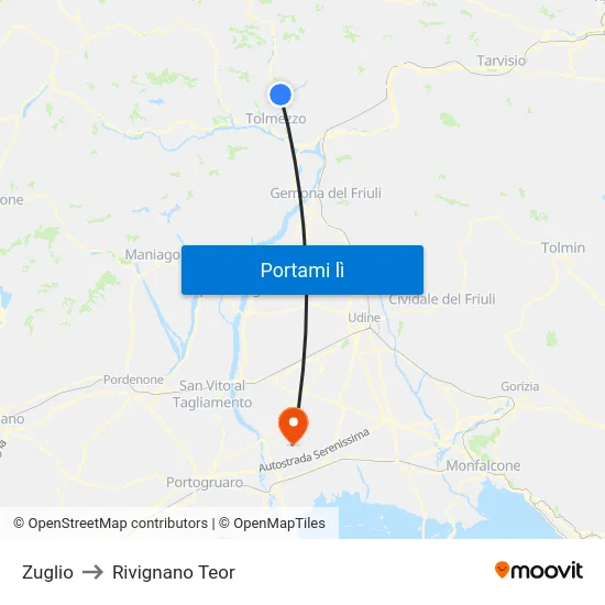 Zuglio to Rivignano Teor map