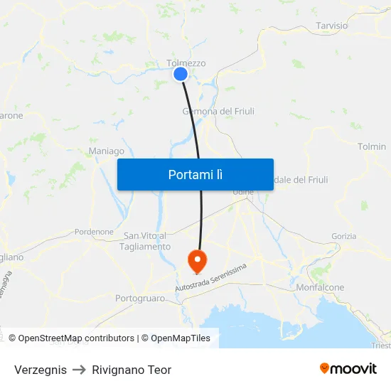 Verzegnis to Rivignano Teor map