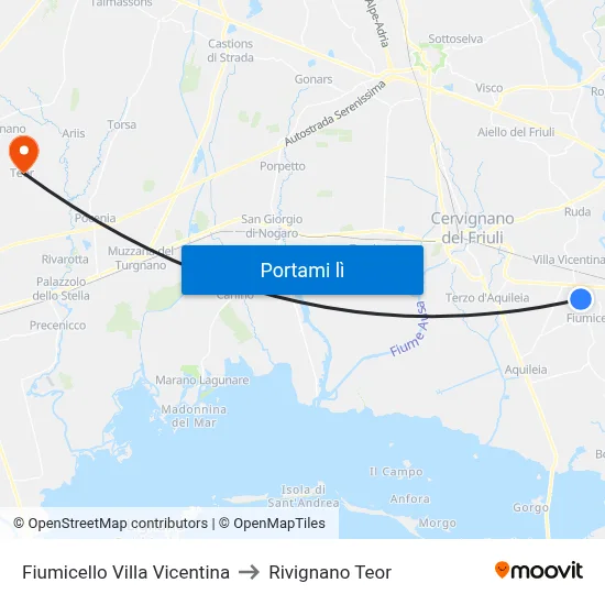 Fiumicello Villa Vicentina to Rivignano Teor map