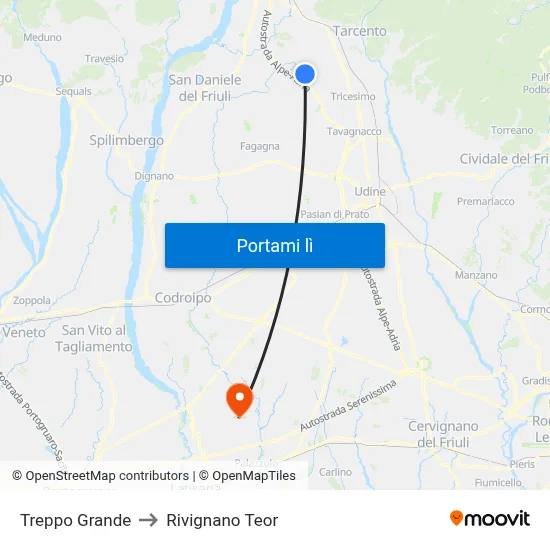 Treppo Grande to Rivignano Teor map
