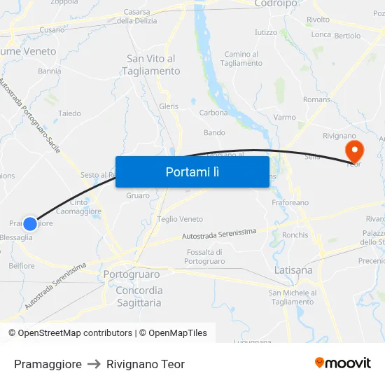 Pramaggiore to Rivignano Teor map