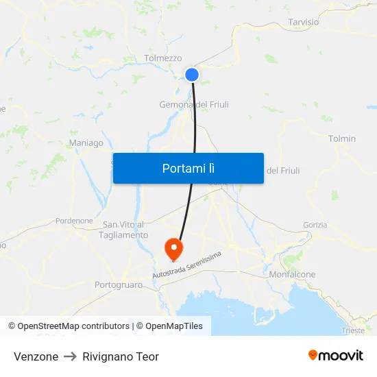 Venzone to Rivignano Teor map