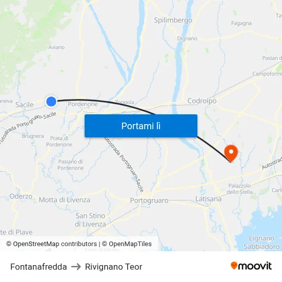 Fontanafredda to Rivignano Teor map
