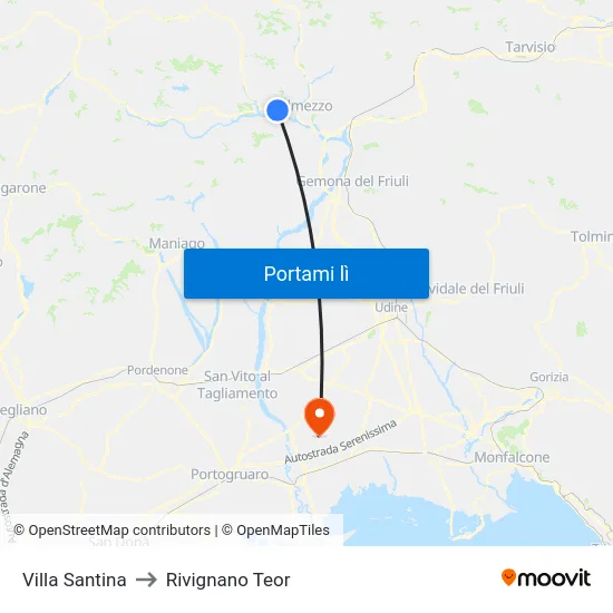 Villa Santina to Rivignano Teor map