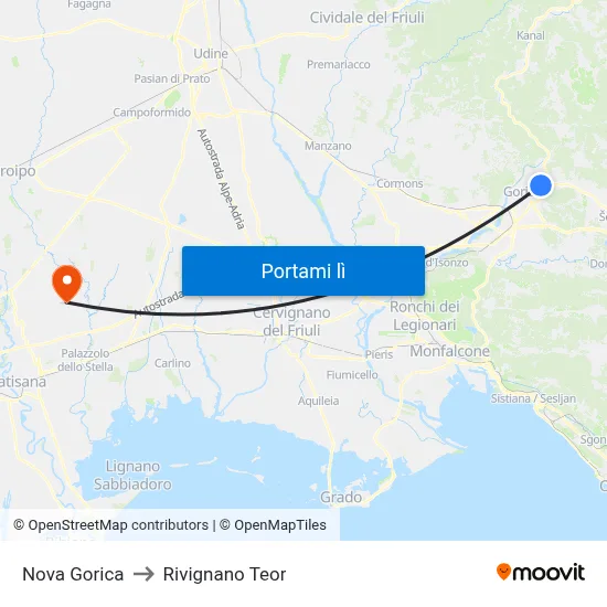 Nova Gorica to Rivignano Teor map