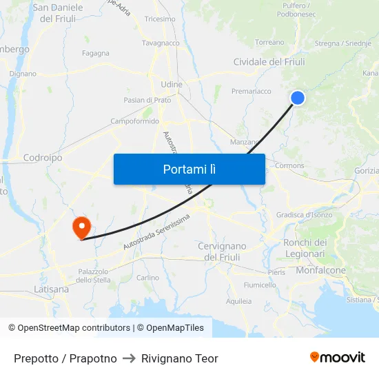 Prepotto / Prapotno to Rivignano Teor map
