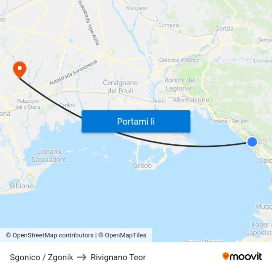 Sgonico / Zgonik to Rivignano Teor map