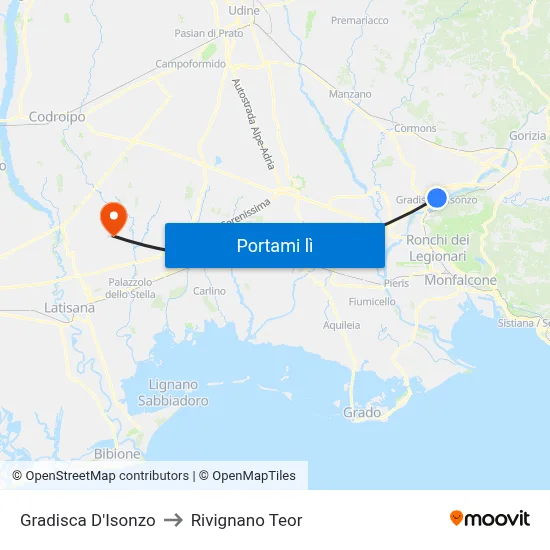 Gradisca D'Isonzo to Rivignano Teor map