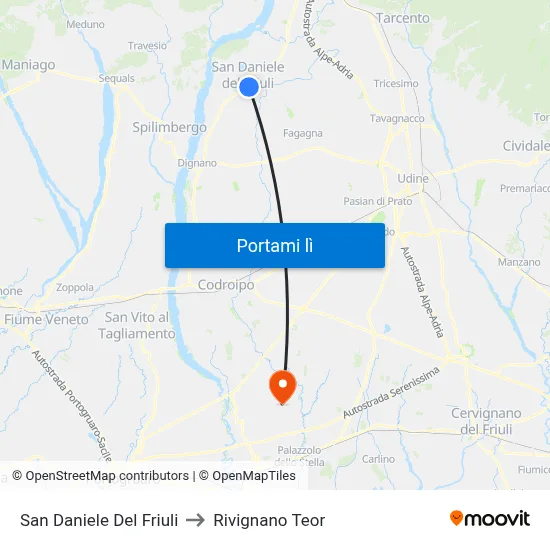 San Daniele Del Friuli to Rivignano Teor map