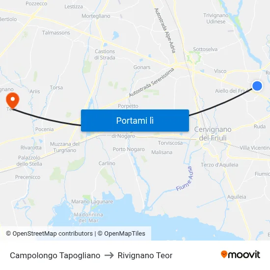 Campolongo Tapogliano to Rivignano Teor map