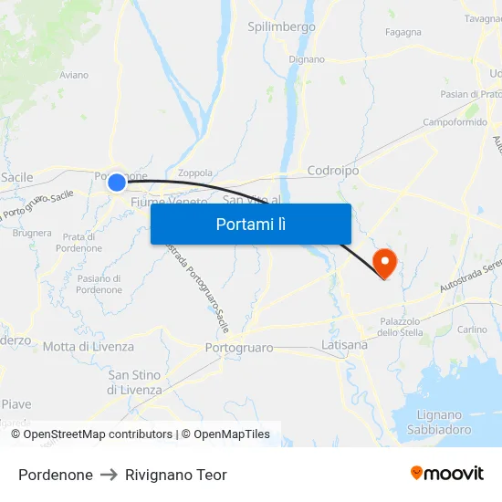 Pordenone to Rivignano Teor map