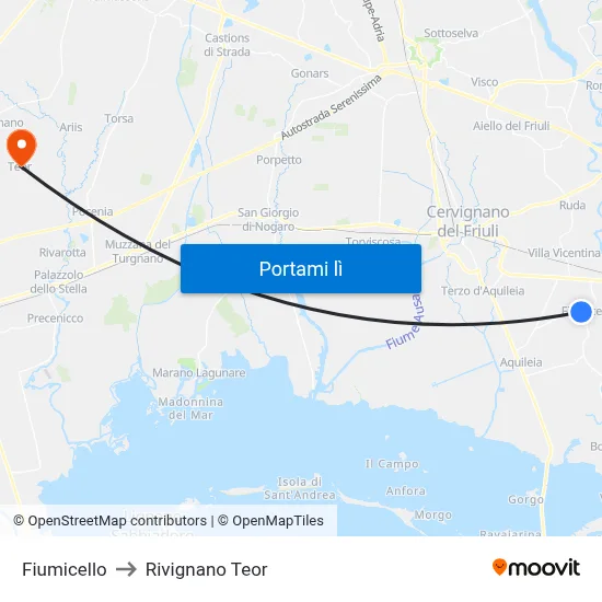 Fiumicello to Rivignano Teor map