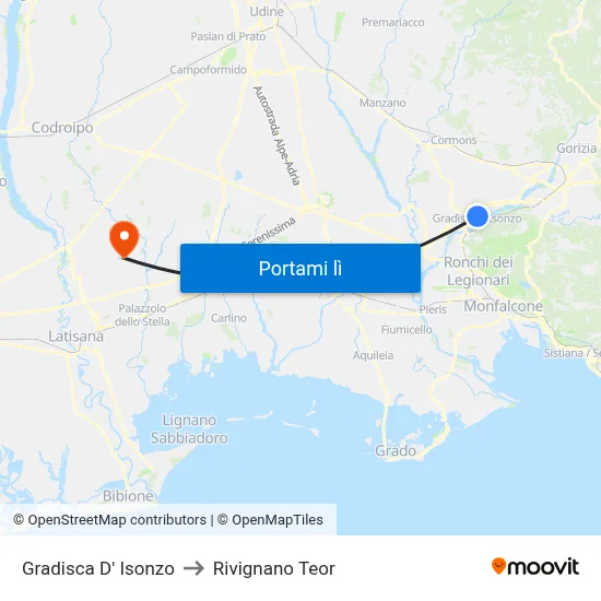 Gradisca D' Isonzo to Rivignano Teor map