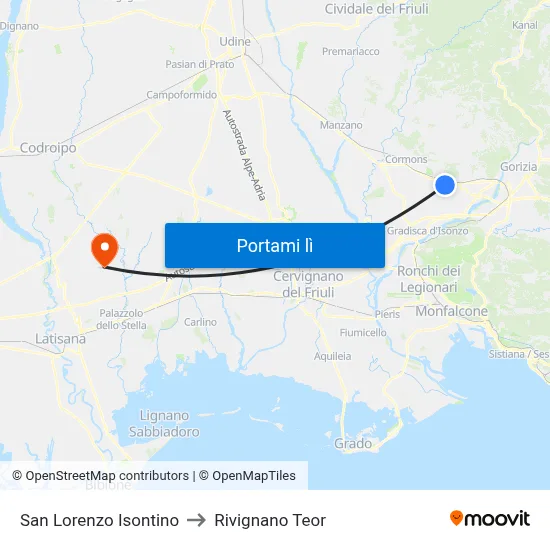 San Lorenzo Isontino to Rivignano Teor map