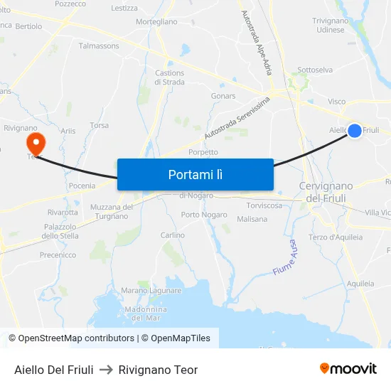 Aiello Del Friuli to Rivignano Teor map