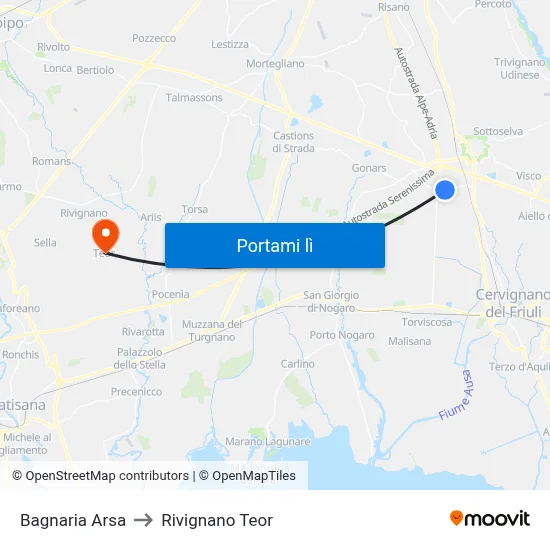 Bagnaria Arsa to Rivignano Teor map