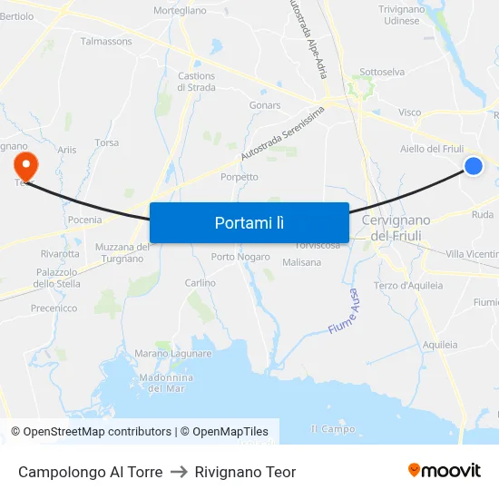 Campolongo Al Torre to Rivignano Teor map