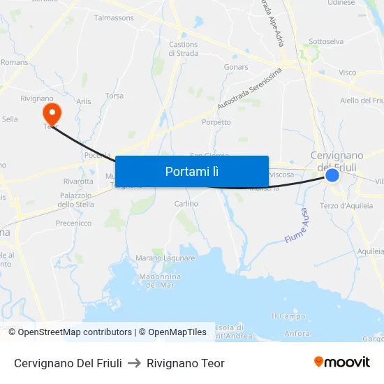 Cervignano Del Friuli to Rivignano Teor map