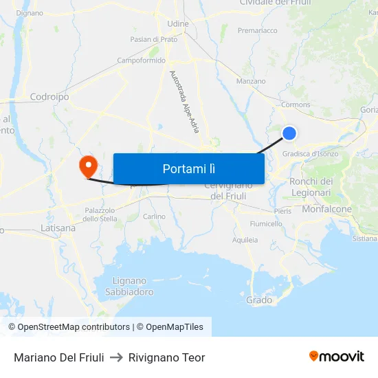 Mariano Del Friuli to Rivignano Teor map